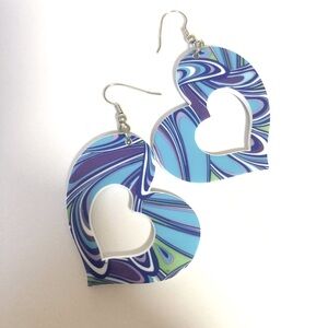 Retro style blue plastic, psychedelic dangling heart earrings